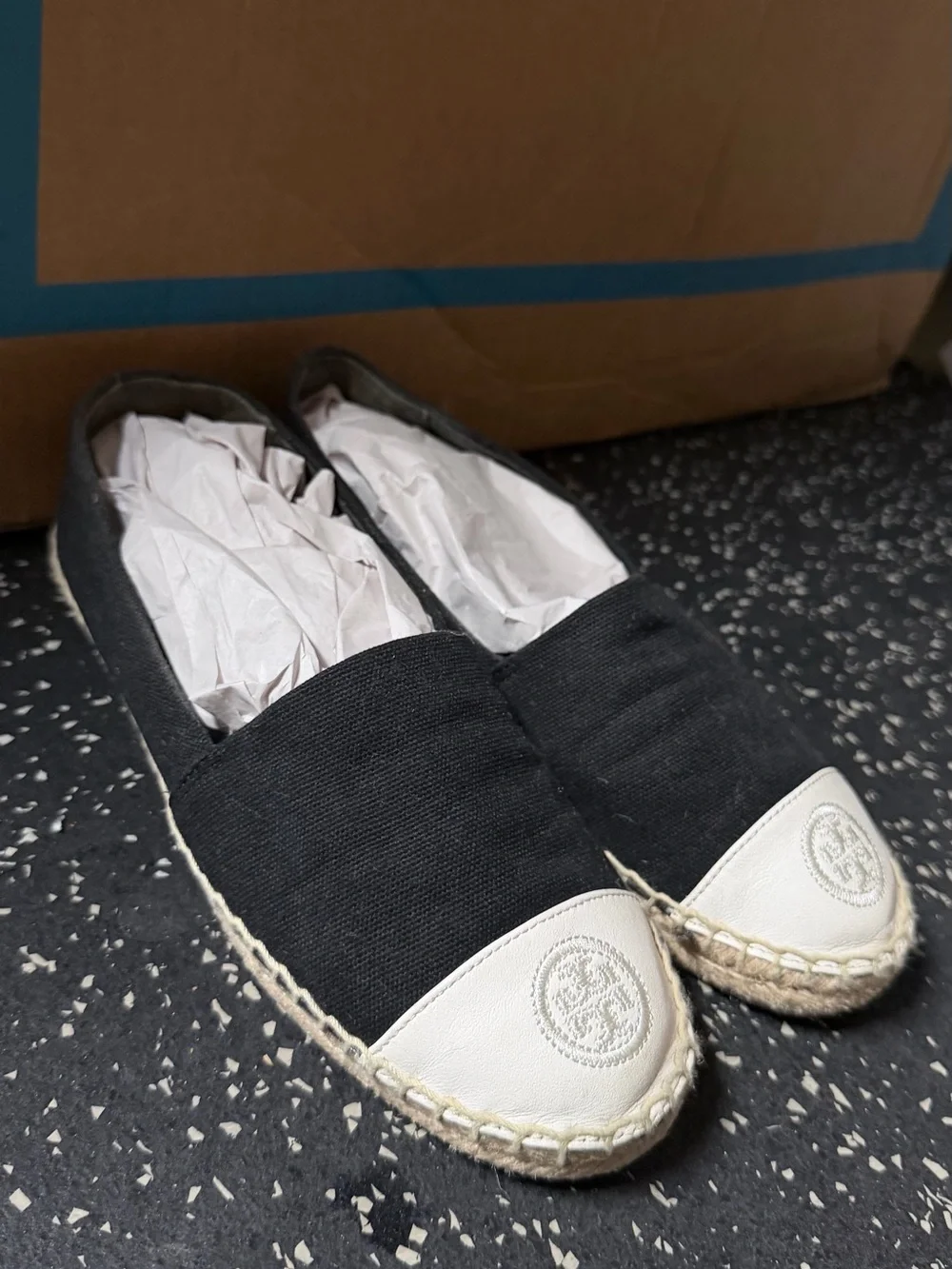 Tory Burch Black Canvas Espadrille Slip-Ons with White Logo Toe